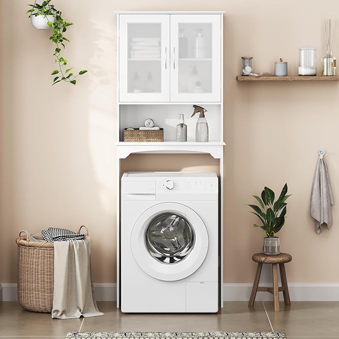 Yaheetech Over The Toilet Storage Cabinet with Double Tempered Glass Doors and Adjustable Shelf, Freestanding Bathroom Storage Rack, 66 Inches Height