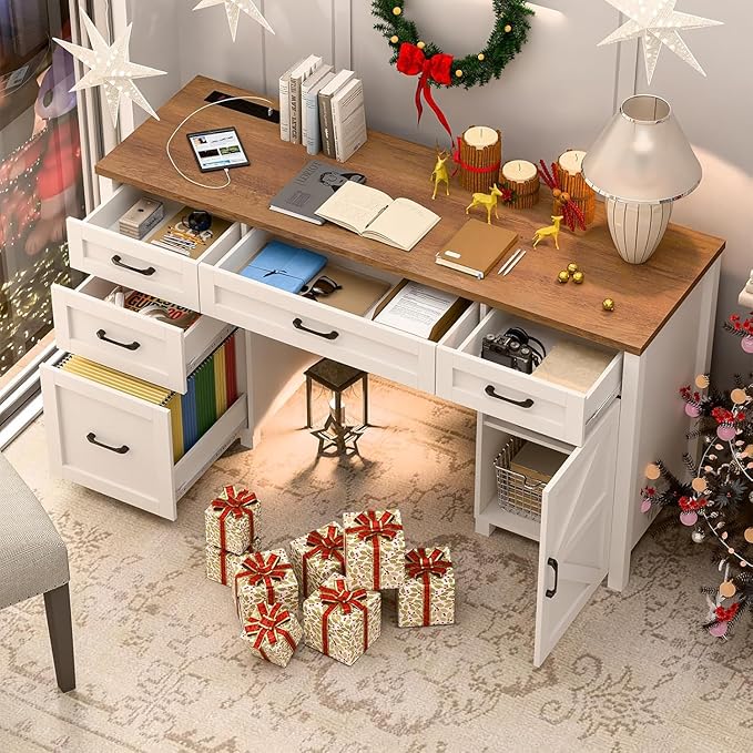 Farmhouse 61'' Executive Desk with 5 Drawers, Rustic Office Desk Computer Table with Charging Station, File Drawers and Storage Cabinet, Wood Workstation for Study and Home Office,(Unique White)