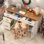 Farmhouse 61'' Executive Desk with 5 Drawers, Rustic Office Desk Computer Table with Charging Station, File Drawers and Storage Cabinet, Wood Workstation for Study and Home Office,(Unique White)