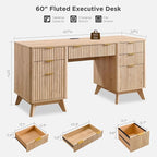 T4TREAM Fluted Executive Desk with Drawers, 60" Modern Home Office Computer Desk with Charging Station, File Cabinet, Keyboard Tray and Storage Cabinet for Study, Living Room, Bedroom, Natural Oak