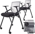 10 Pack Foldable Office Chair with PU Wheels and Sliding Armrest-Ergonomic Mesh Bouncing Back, Stackable Conference Room Chair, Office Guest & Reception & Meeting Chair (Black)