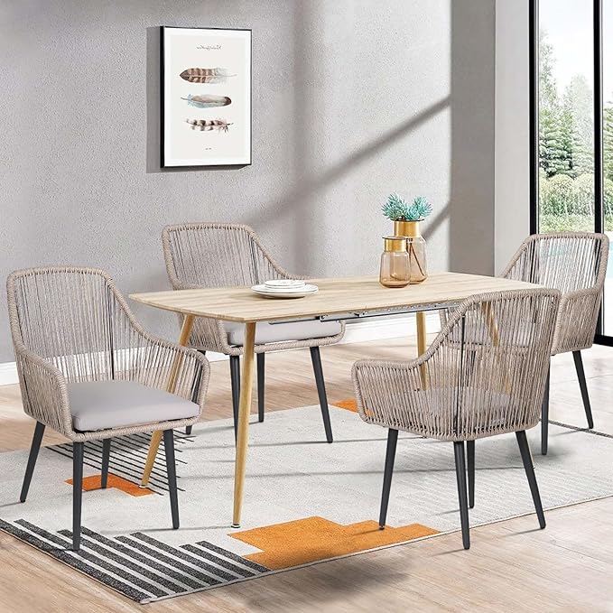 JOIVI Patio Dining Chairs Set of 4, 4-Piece Rattan Outdoor Chairs with Armrest and Cushions for Outside Lawn, Garden, Backyard, Indoor, Tan