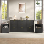 3-Piece Modern Bedroom Furniture Set, Wide 9-Drawer Dresser & 1-Drawer Nightstands Set of 2, Natural Wood Dresser and Nightstand Sets for Bedroom, Hallway, Black