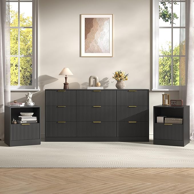 3-Piece Modern Bedroom Furniture Set, Wide 9-Drawer Dresser & 1-Drawer Nightstands Set of 2, Natural Wood Dresser and Nightstand Sets for Bedroom, Hallway, Black