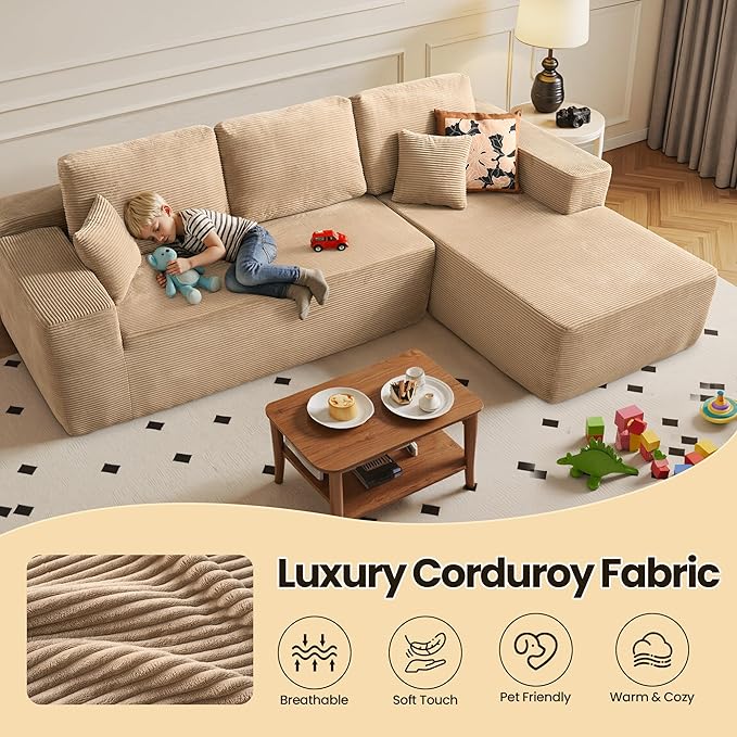 104" Cloud Sectional Couch with Chaise, Boneless L-Shaped Cloud Couch with Deep Seat, Corduroy Modern Minimalist Sofa, Assembly Free Comfy Sofa for Office Living Room Apartment(Camel, Right Chaise)
