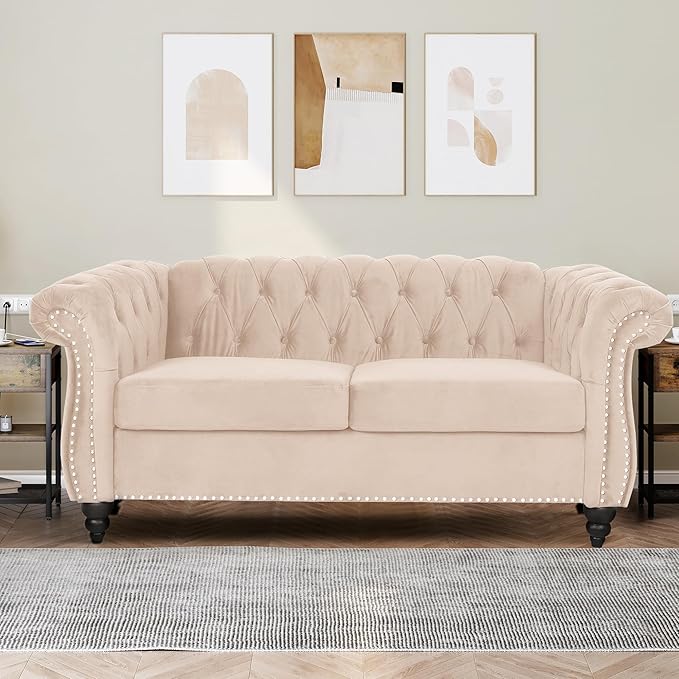 2 Piece Living Room Furniture Set, Velvet Loveseat and Chair Set, Mid Century Modern Upholstered Sofa Couch with Cushions, Comfy Tufted Chesterfield Couches for Living Room, Bedroom, Office