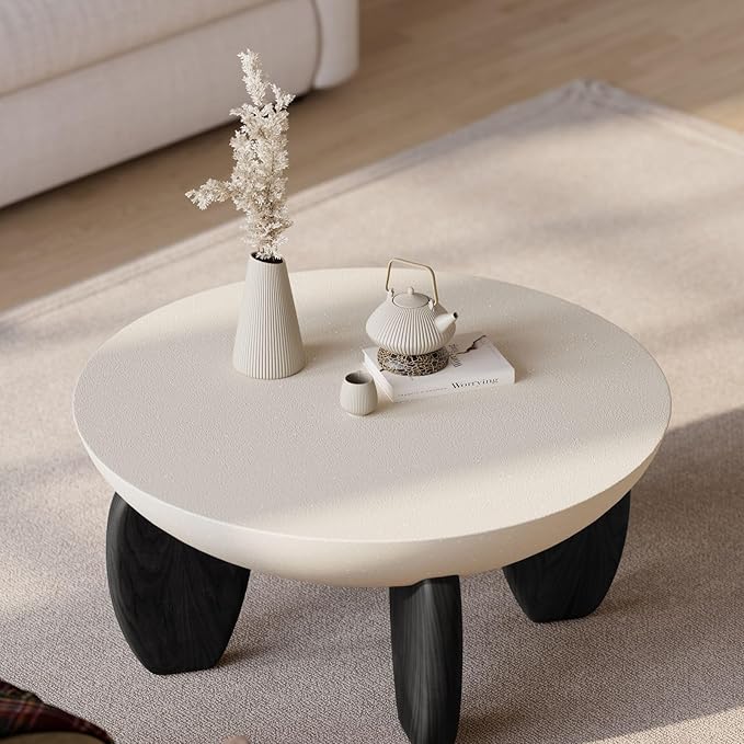 homary Round Concrete Coffee Table with Premium Walnut Ash Wood Legs, Modern Minimalist Cement Finish Center Table for Living Room (Black, 29.9" W x 29.9" D x 14.4" H)