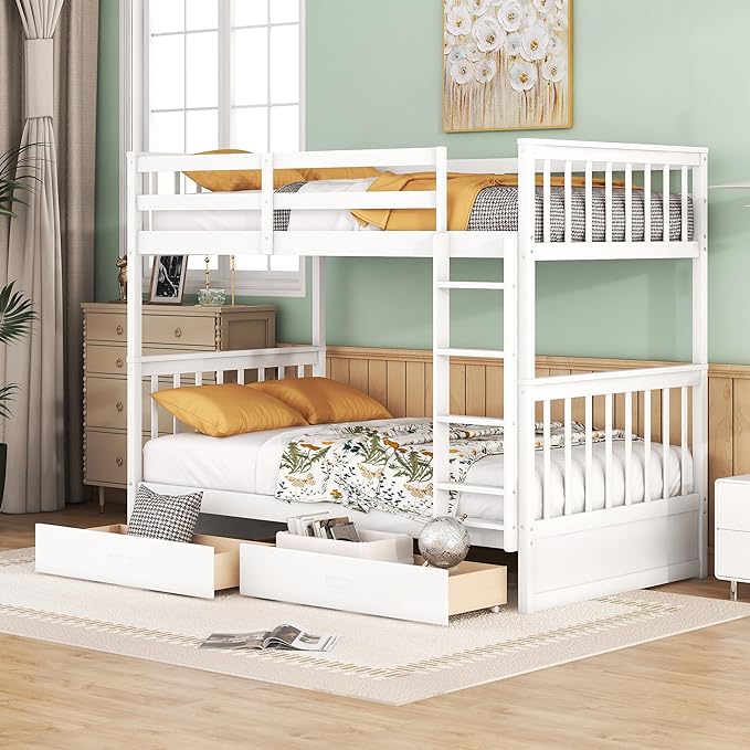 Merax Wood Bunk Bed with Drawers,Convertible Bunk Bed with Ladders and Two Storage Drawers,Solid Wood Detachable Bed Frame with Ladders,Twin Over Twin Size,White