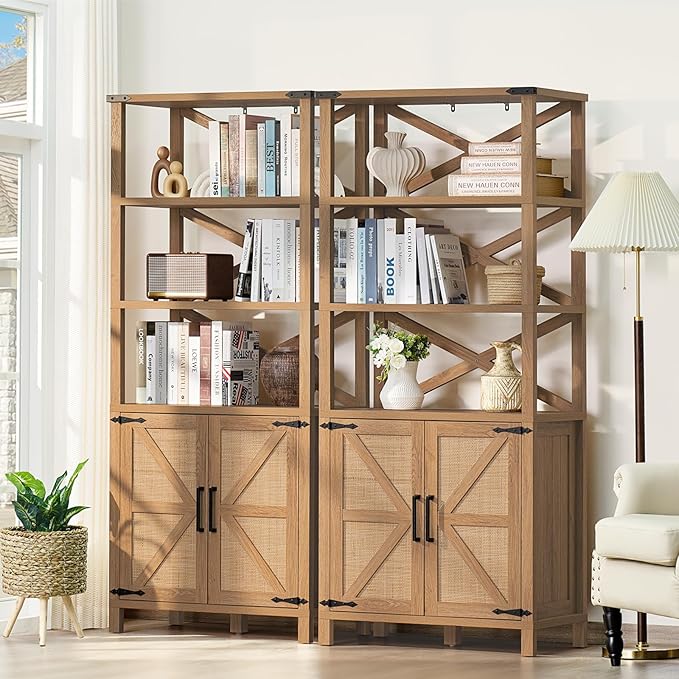 5 Tier Bookshelf 70" Rattan Boho Tall Bookcase with Barn Doors,Farmhouse Display Book Shelf with Adjustable Shelves and Storage Cabinet,Wood Bookshelves for Living Room,Kitchen,Natural (3PCS)