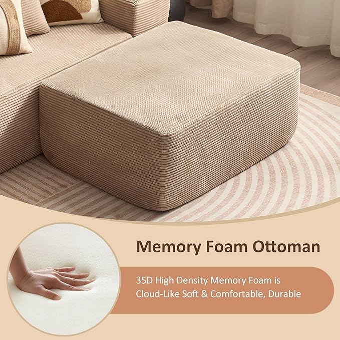 37.1" Ottoman for Couch, Plush Corduroy Memory Foam Ottoman Cloud Boneless Sectional Couch for Living Room Foot Stools No Assembly Require, Stripe Corduroy,Camel