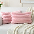 FUTEI Pink Decorative Throw Pillow Covers 12x20 Inch Set of 2, Square Soft Faux Rabbit Fur Thick Striped Lumbar Pillow Case,Winter Home Decor for Couch Bed Living Room