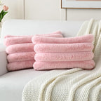 FUTEI Pink Decorative Throw Pillow Covers 12x20 Inch Set of 2, Square Soft Faux Rabbit Fur Thick Striped Lumbar Pillow Case,Winter Home Decor for Couch Bed Living Room