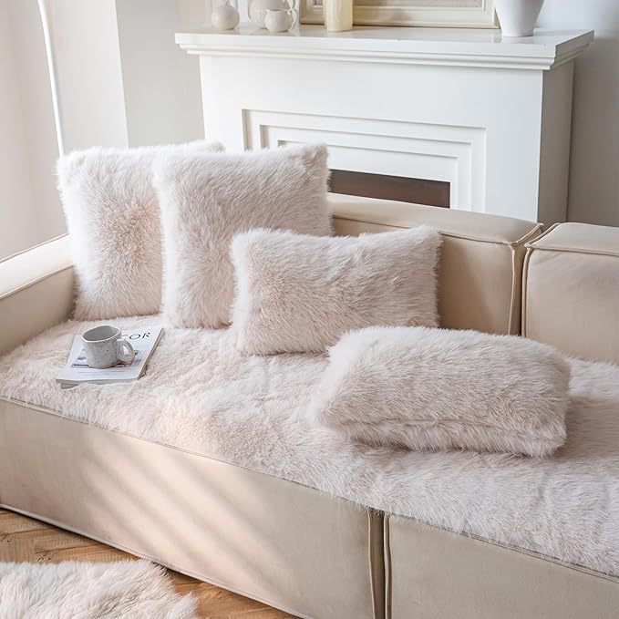 Neelvin Beige Faux Fur Cozy Fluffy Double-Sided Decorative Throw Pillow Covers 20x20 inch Set of 2,Velvet Pillowcase Cushion Case for Sofa Couch