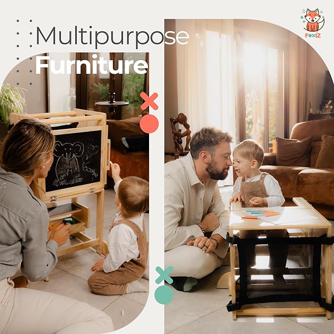 4-in-1 Montessori Smart Learning Tower – Convertible Toddler Step Stool, Activity Table & Chalkboard Center, Adjustable Height with Safety Net – Premium Eco-Friendly Wooden Design for Kids 1–3