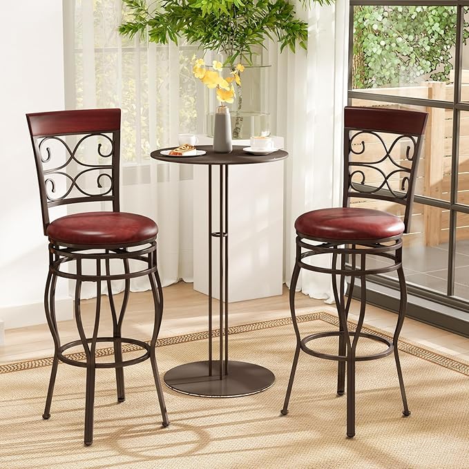 Giantex 30" Swivel Bar Stools Set of 2, Bar Height Bar Stools w/Back, Upholstered PU Leather Seat, Footrest, Max Load 330Lbs, Vintage Metal Barstools for Kitchen Island, Dining Room, Rustic Brown