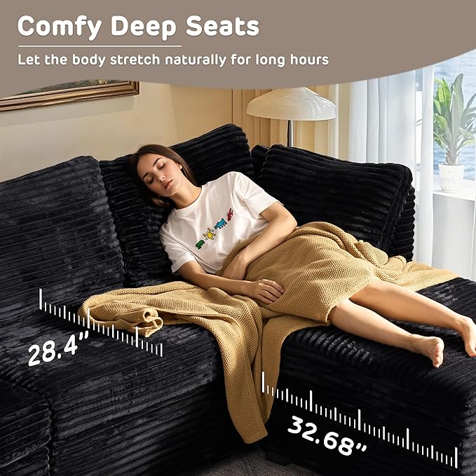 130'' Modern Modular Sectional Sofa with Ottoman, 8 Seater U Shaped Cloud Couch for Living Room, Oversized Deep Seat Convertible Sofa Set, Plush Corduroy Black