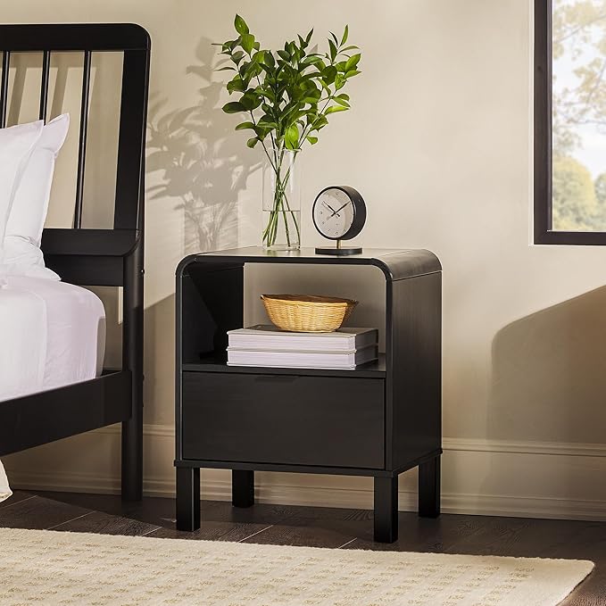 Walker Edison Modern Curved-Top Solid Wood 1-Drawer Nightstand with Open Cubby, 24 Inch, Black