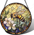 Stained Glass Window Hanging, Vintage Bee Yellow Flower Sun Catcher for Window Door Home Decor Suncatcher Christmas Mother's Day Birthday Gifts for Women Men Mom and Nana 11.8 in