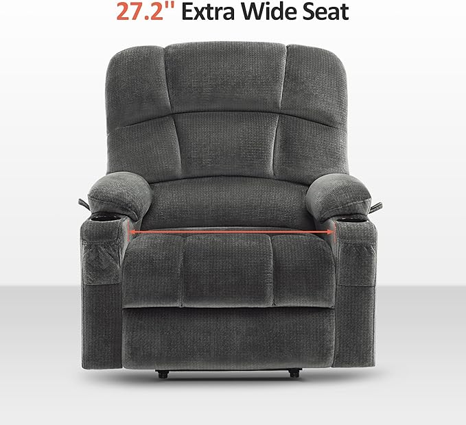 MCombo Oversized Dual Motor Power Lift Recliner Chair Sofa with Massage and Heat for Big Elderly People, Infinite Position, USB Ports, Fabric R7688 (Grey, Large-Oversize)