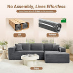 108" Boneless Couch, Cloud Couch Modular Sectional Sofa with Deeper Seat, L-Shaped Sofa with 4 Storage Pockets, Comfy Corduroy Couches for Living Room (Right Facing Chaise, Grey)