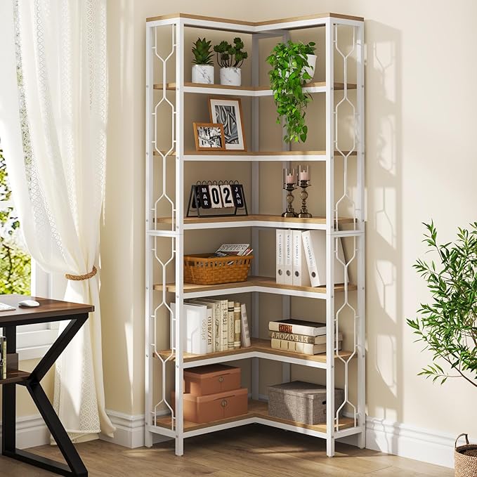 Tribesigns Corner Shelf, 7-Tier Industrial Corner Bookshelf, Wood and Metal Corner Etagere Bookcase, Freestanding Display Shelf for Living Room, Kitchen, Home Office, White and Natural