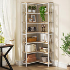 Tribesigns Corner Shelf, 7-Tier Industrial Corner Bookshelf, Wood and Metal Corner Etagere Bookcase, Freestanding Display Shelf for Living Room, Kitchen, Home Office, White and Natural