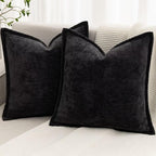 Black Decorative Throw Pillow Covers 18x18 Inch Set of 2 Cozy Soild Chenille Cushion Cases Soft Textured Square Couch Pillows Cover Boho Accent Farmhouse Pillowcases for Sofa Bed