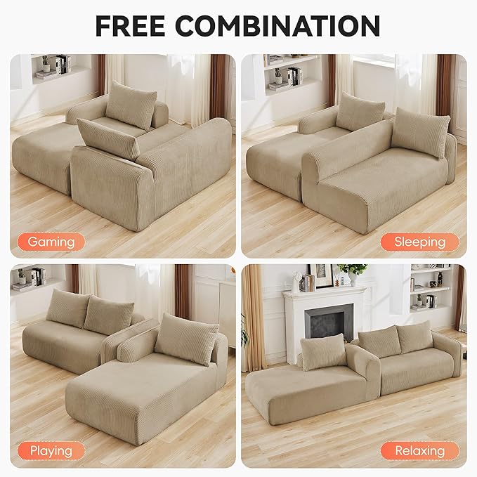 103'' Boneless Corduroy L Shaped Couch, 3 Seat Modular Sectional Deep Seat Sofa with Chaise Lounge, No Assembly Cloud Lounge Sleeper Sofa, Camel