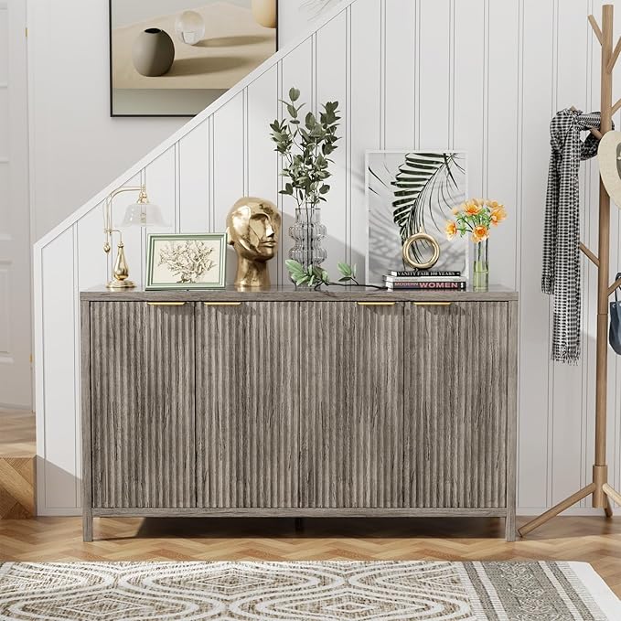 Fluted Sideboard Buffet Cabinet, 55" Large Storage Buffet Cabinet with 4 Doors and Adjustable Shelves, Modern Sideboard Console Table for Living Room,Entryway,Dinning Room,Kitchen-Grey