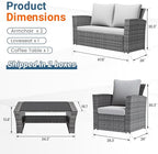 Wisteria Lane 4 Piece Patio Furniture Set, Wicker Outdoor Patio Conversation Furniture Set, All Weather Outdoor Patio Sofa with Cushion and Glass Table, Light Gray
