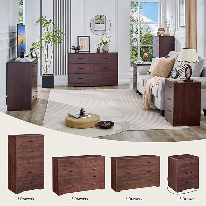 LIDYUK Dark Cherry Dresser for Bedroom, 3 Drawer Dressers & Chest of Drawers, Modern Wood Dresser with Charging Station, End Table Nightstand Bedside Table for Bedroom, Living Room