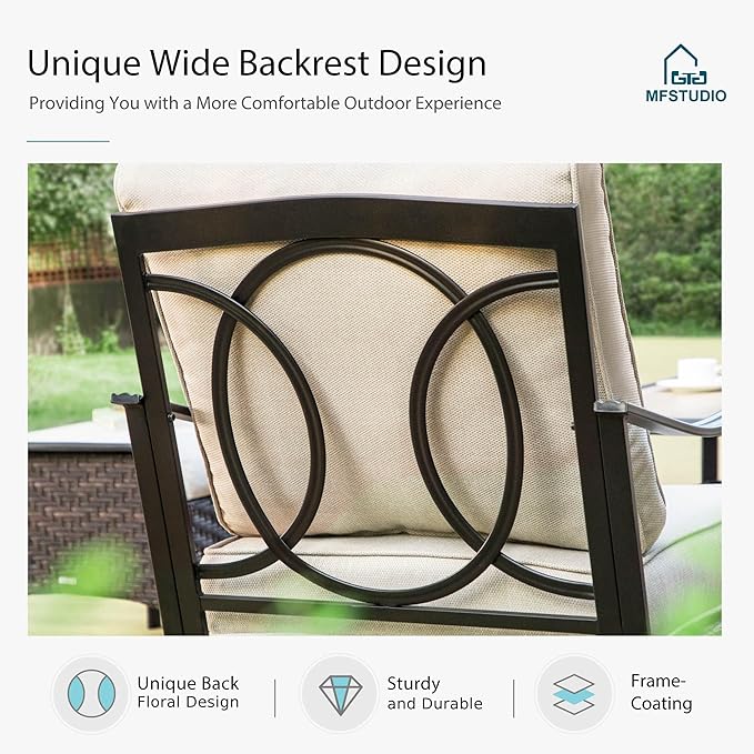 MFSTUDIO 4 Pieces Outdoor Patio Furniture Set, Metal Outdoor Conversation Set, Rattan Wicker Patio Sectional Sofa Set with 2 x Fixed Single Sofa, 3-Seat Sofa, 1 x Coffee Table, Beige