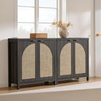 SICOTAS 68" W Rattan Sideboard Buffet Cabinet with Storage Set of 2, Modern Credenza with Arch Doors & Shelves, Boho Coffee Bar Media Console Cabinets for Kitchen, Living Room, Entryway, Black Oak