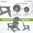 nevilywood Folding Adirondack Chair - Extended Ergonomic Backrest, Cup Holder - Easy Assembly - Durable HDPE Plastic, Weather Resistant & Maintenance-Free - Lawn, Patio, Deck Supports 380lbs Grey