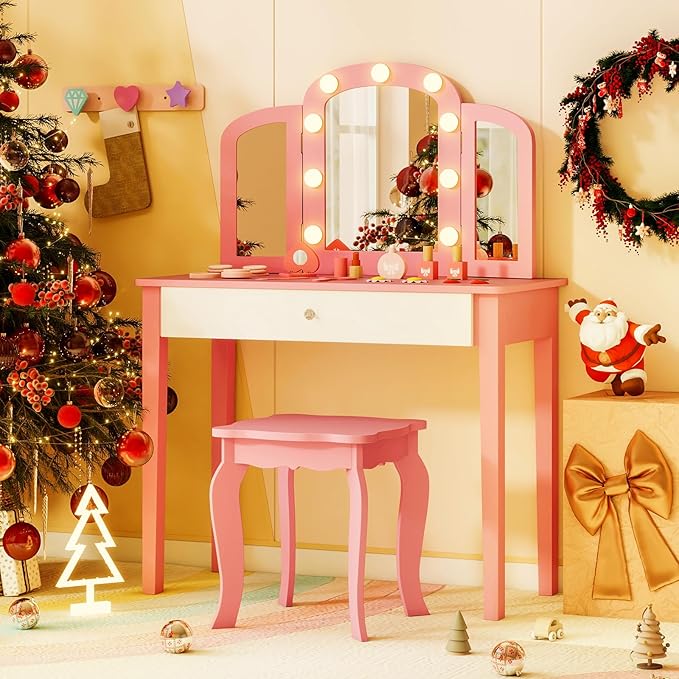 Costzon Kids Vanity, Girls Vanity Set with Mirror and Stool and Lights, Storage Drawer, Princess Toddler Makeup Vanity Desk Dressing Table, Wooden Kids Vanity Table and Chair Set (Pink)