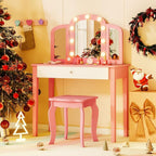 Costzon Kids Vanity, Girls Vanity Set with Mirror and Stool and Lights, Storage Drawer, Princess Toddler Makeup Vanity Desk Dressing Table, Wooden Kids Vanity Table and Chair Set (Pink)