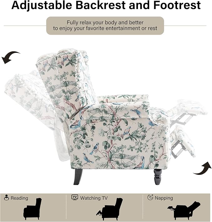 Recliner Chair, Upholstered Wingback Floral Pushback Armchair with Adjustable Backrest & Footrest, Comfy Accent Chair Reading Single Sofa for Small Spaces, Living Room, Bedroom