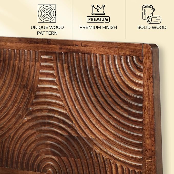 Acacia Harmony King Platform Bed Frame – Solid Rubber Wood, Walnut Finish, Mid-Century Modern Design, Natural Circular Wood Grain, 800lbs Support, No Box Spring Required, Easy Assembly