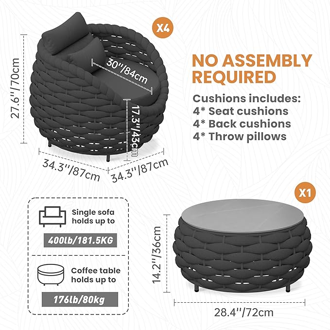 Aluminum Front Porch Furniture Set: 5 Pieces Woven Rope Patio Conversation Set - All Weather Cushioned Outdoor Sofa Set Assembled - Metal Modern Couch Set 400lb Deck Garden Pool Hotel, Dark Gray