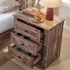 26" Tall Nightstand with Charging Station, Farmhouse 23.6" Wide Large End Table w/Roman Column, Wood Rustic Side Table w/Metal Handle, 3 Drawers Dresser for Bedroom, Living Room, Light Brown