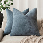 Foindtower Pack of 2 Soft Textured Chenille Throw Decorative Pillow Covers Square Accent Solid Cushion Cover Cozy Neutral Farmhouse Pillow Case for Couch Sofa Bedroom Living Room 20x20 Inch,Blue
