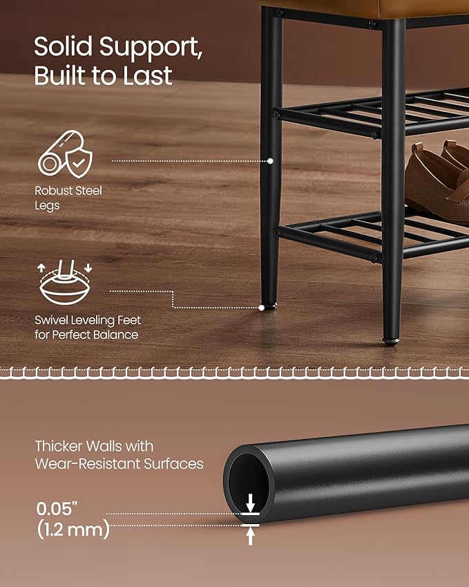 VASAGLE EKHO Collection - Shoe Rack Bench, Storage Bench for Entryway, Synthetic Leather with Stitching, Mid-Century Modern, Loads 300 lb, 11.8 x 31.5 x 19.7 Inches, Caramel Brown ULSB054K01