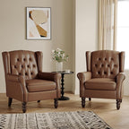 Lumibee High Back Accent Chairs Set of 2,Upholstered Faux Leather Wingback Armchairs with Solid Wood Legs for Small Spaces,Comfy Single Sofa Chairs for Living Room,Bedroom,Office-Brown