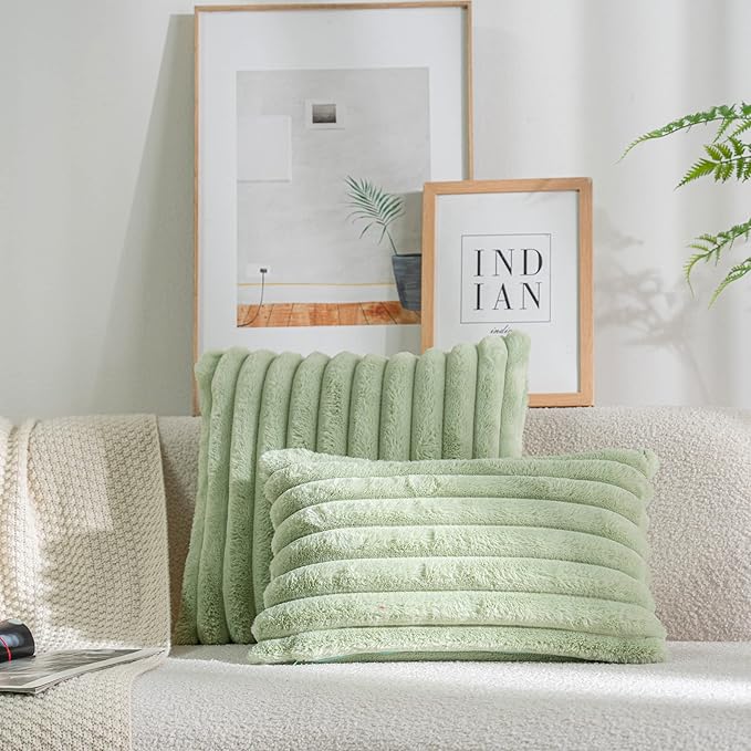 DEELAND Pack of 2,Double-Sided Faux Fur Plush Decorative Throw Pillow Covers Fuzzy Striped Soft Pillowcase Cushion Covers for Sofa Couch Bedroom Green 12x20 inch