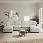Modern Sectional Linen Couch for Living Room U-Shape Sofas,6 Seat Modular Cloud Sofas,Couches Cushion Covers Removable,Cozy Feather Down Sofa for Apartment Cream White