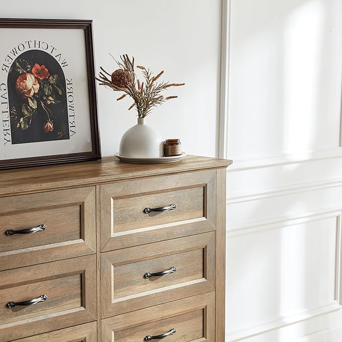 LINSY HOME Updated Dresser for Bedroom with 8 Drawers, Wide Chest of Drawers, Wooden Bedroom Dresser with 1 pcs Fabric Divider Organizer, Storage Organizer for Closet, Living Room, Rustic Oak