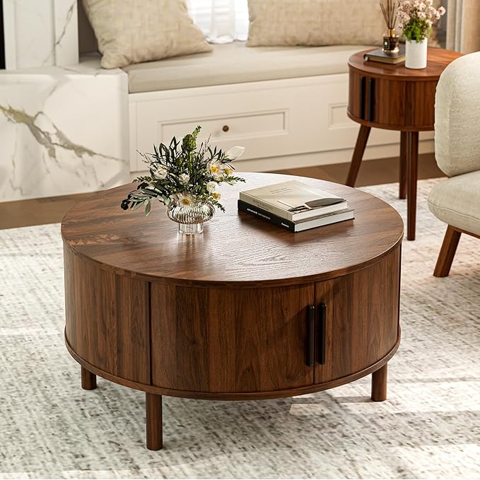 Coffee Table for Living Room, Modern Round Coffee Table with Cabinets & Sliding Doors, Home Small Space, 29.9" Fluted Center Table, Walnut