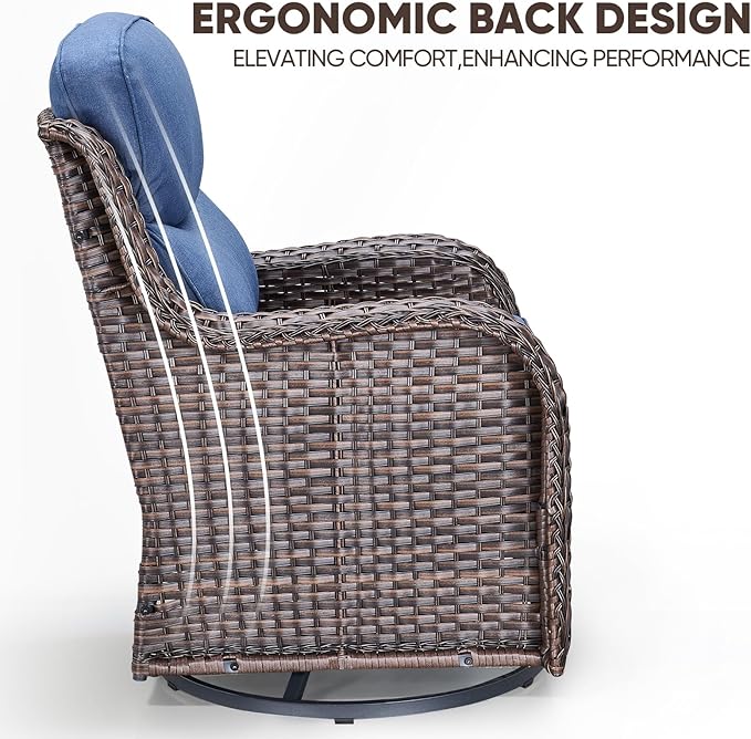 Swivel Patio Chairs Set of 2 with 6" Thick Cushion - Wicker Outdoor Swivel Rocker Patio Chairs, High Back Comfortable Outdoor Glider Chairs - Brown Wicker | Blue Cushion