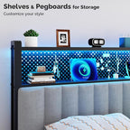 VINGLI King Size Headboard Only, Adjustable Upholstered Headboard with 2 Tier Shelves and Pegboard with Charging Stations and LED Lights, Modern Bed Headboard with Storage for Bedroom Decor