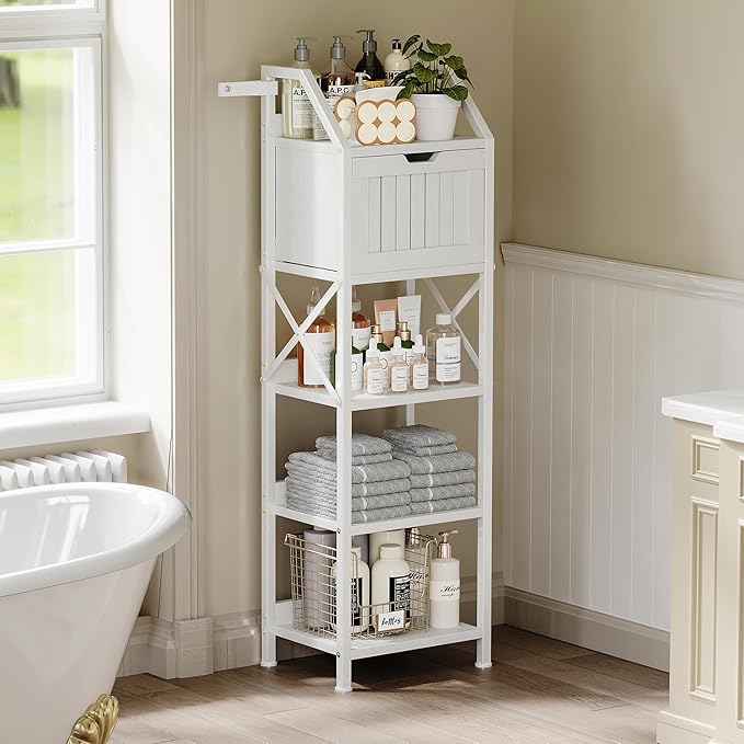 Bathroom Floor Cabinet, 5-Tier Bathroom Storage Organizer Rack with Drawer, Multifunctional Corner Unit, 47.24 Inches in Height, White